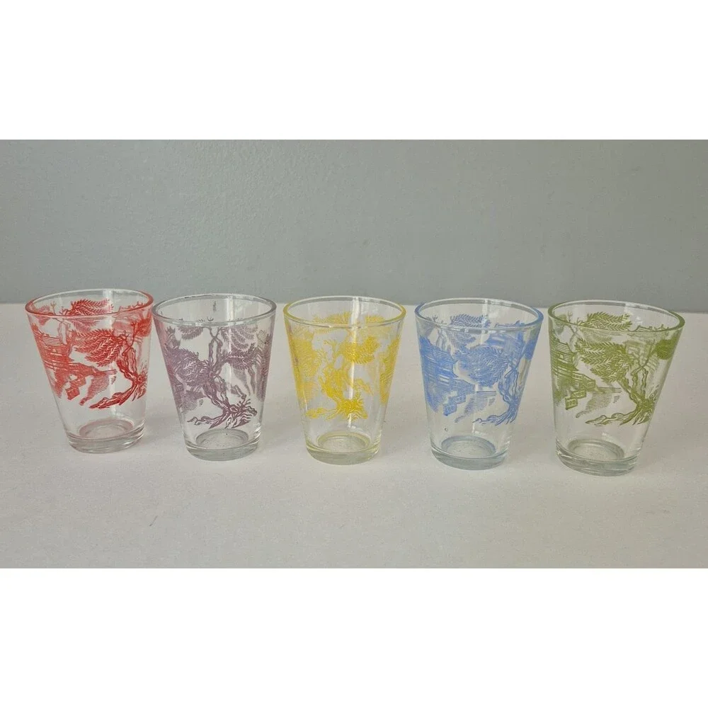 Federal Glass VTG Set of 5 Asian Pagoda Blue Willow Landscape MCM Shot Glasses